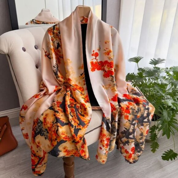 NEW Cream Orange Gold Blossoming Branches Mulberry Silk Wrap Scarf Shawl Ruana